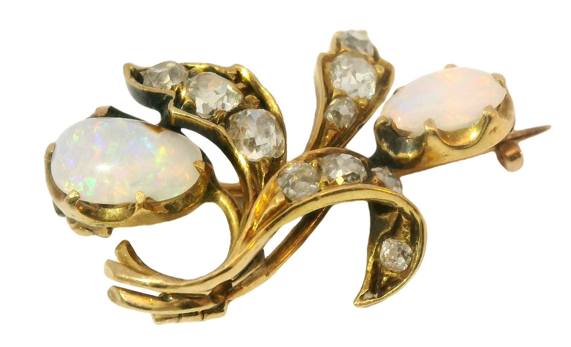 Beautiful Antique 14K Yellow Gold Opal Rose Cut Diamond Pendant Brooch Pin - GGEMSonline