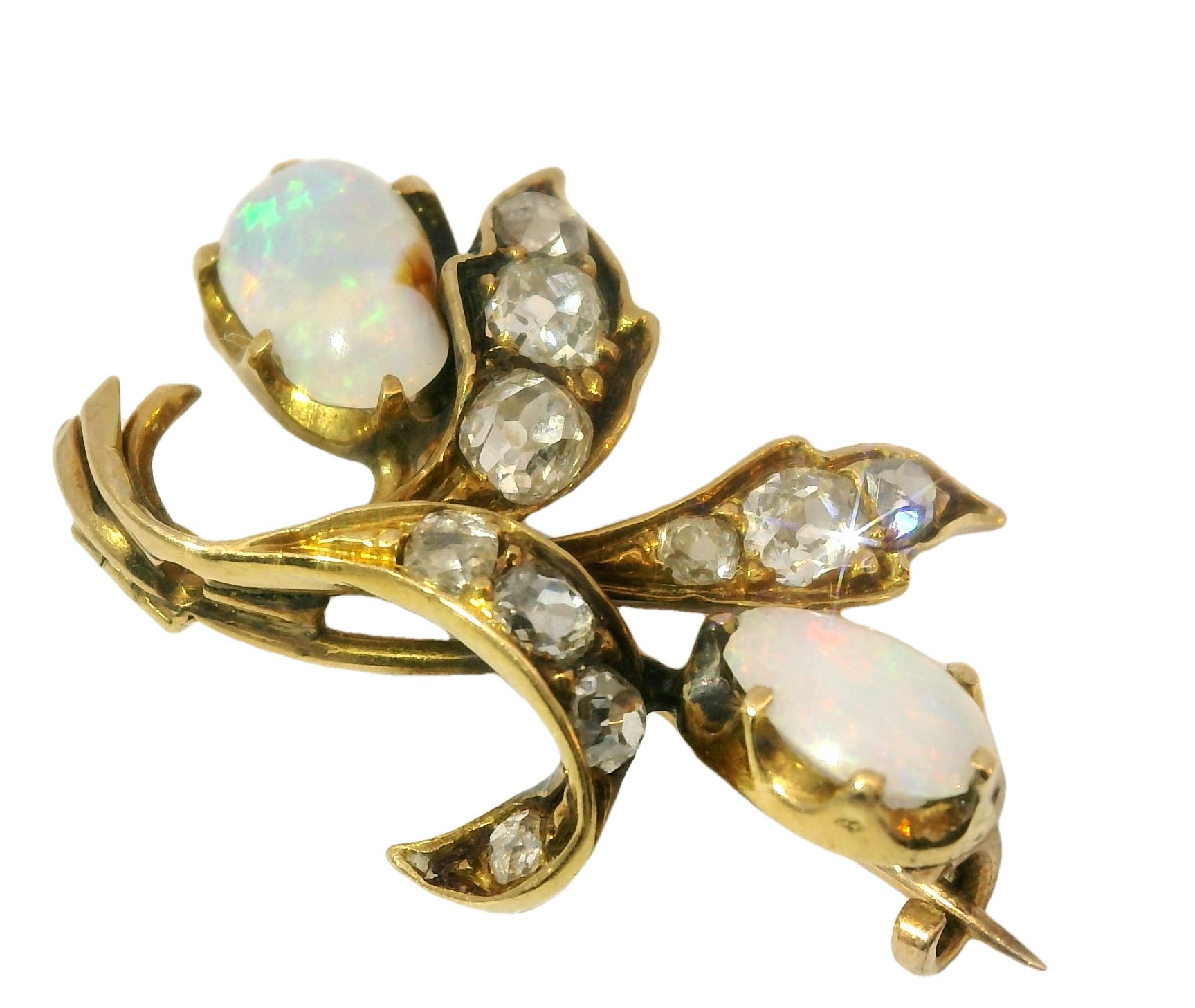 Beautiful Antique 14K Yellow Gold Opal Rose Cut Diamond Pendant Brooch Pin - GGEMSonline