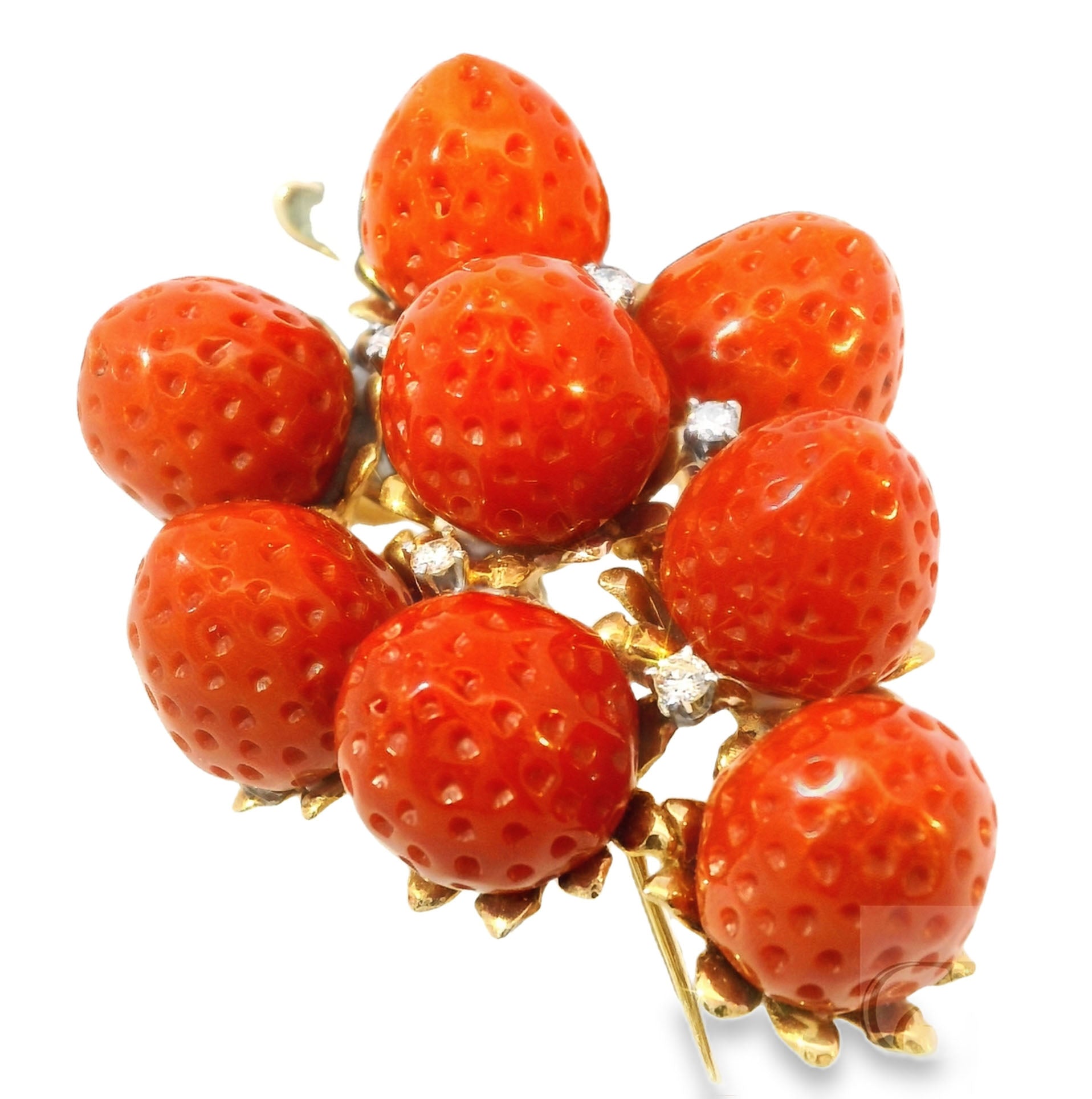Rare 14K Gold Designer Carved Undyed Red Coral Strawberry Diamond Brooch Pendant - GGEMSonline