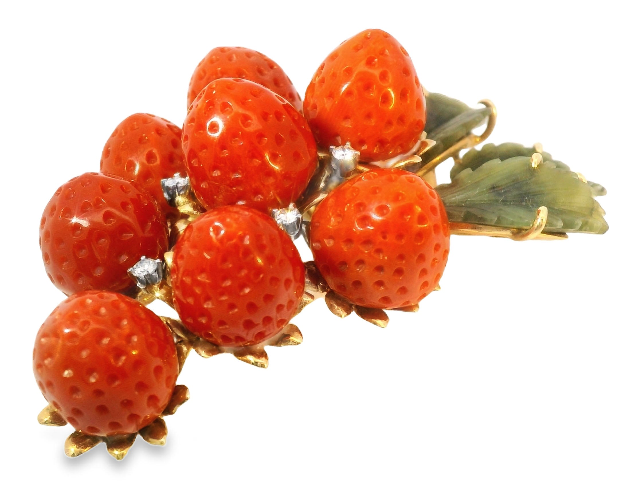 Rare 14K Gold Designer Carved Undyed Red Coral Strawberry Diamond Brooch Pendant - GGEMSonline