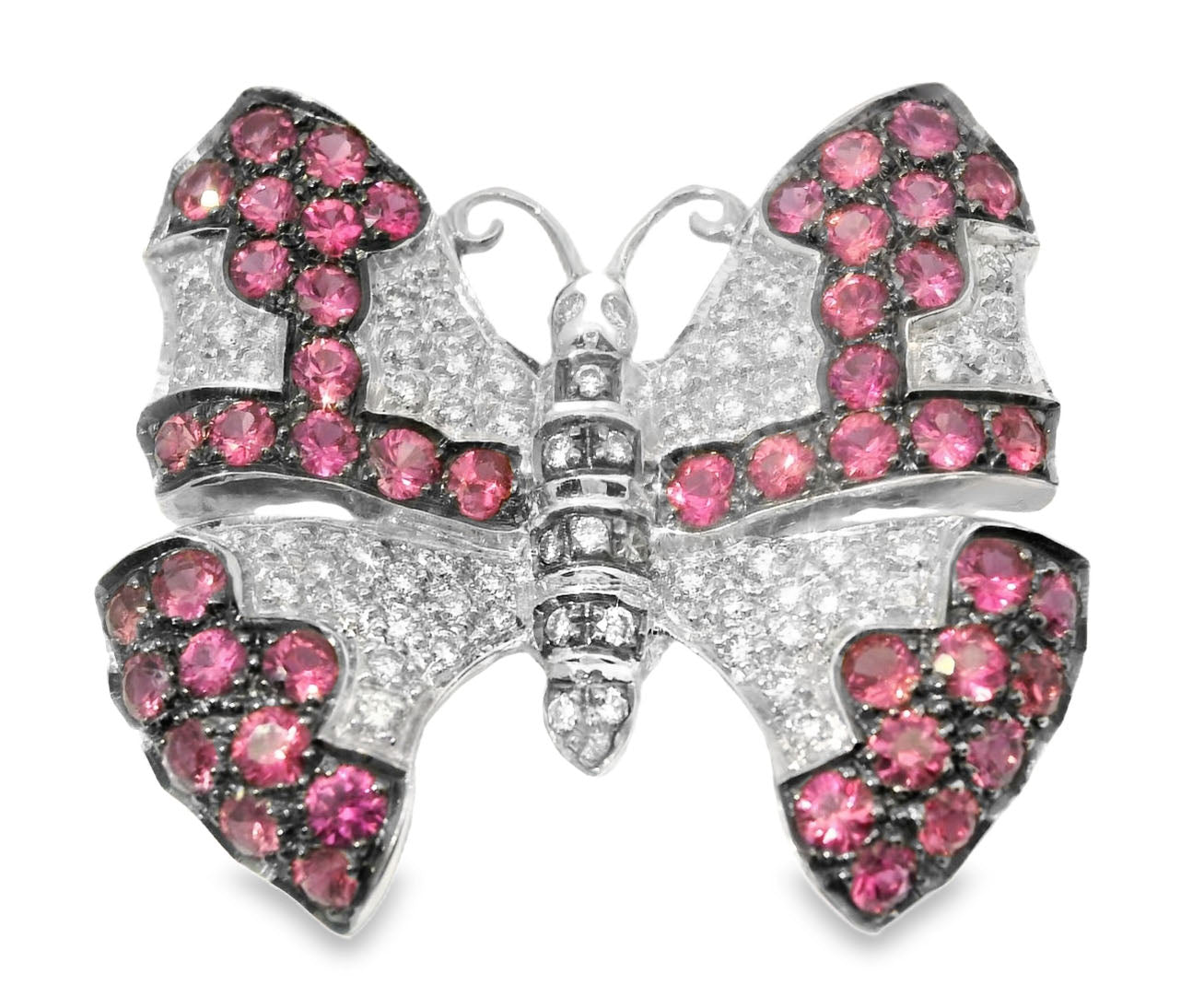 Gorgeous Estate 18K White Gold Ruby Pave Diamond Butterfly Brooch Pin - GGEMSonline