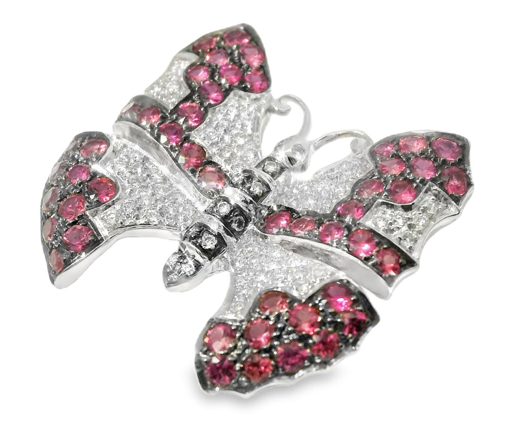 Gorgeous Estate 18K White Gold Ruby Pave Diamond Butterfly Brooch Pin - GGEMSonline