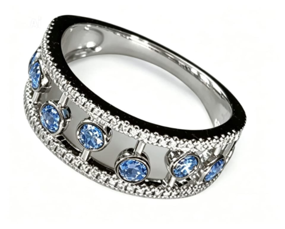 14K White Gold Blue Diamond Band Ring Size 7 Designer Estate