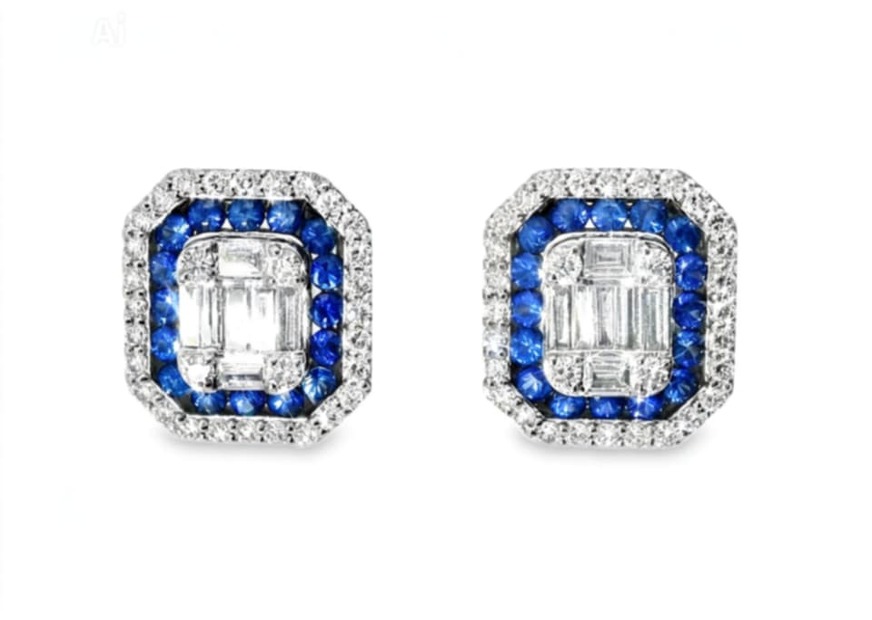 18K White Gold Sapphire Diamond Stud Earrings Estate Sapphire