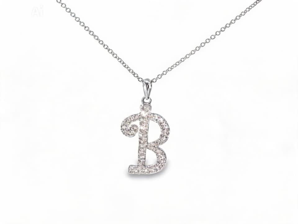 18K White Gold Diamond B Initial Pendant Slide Necklace Estate