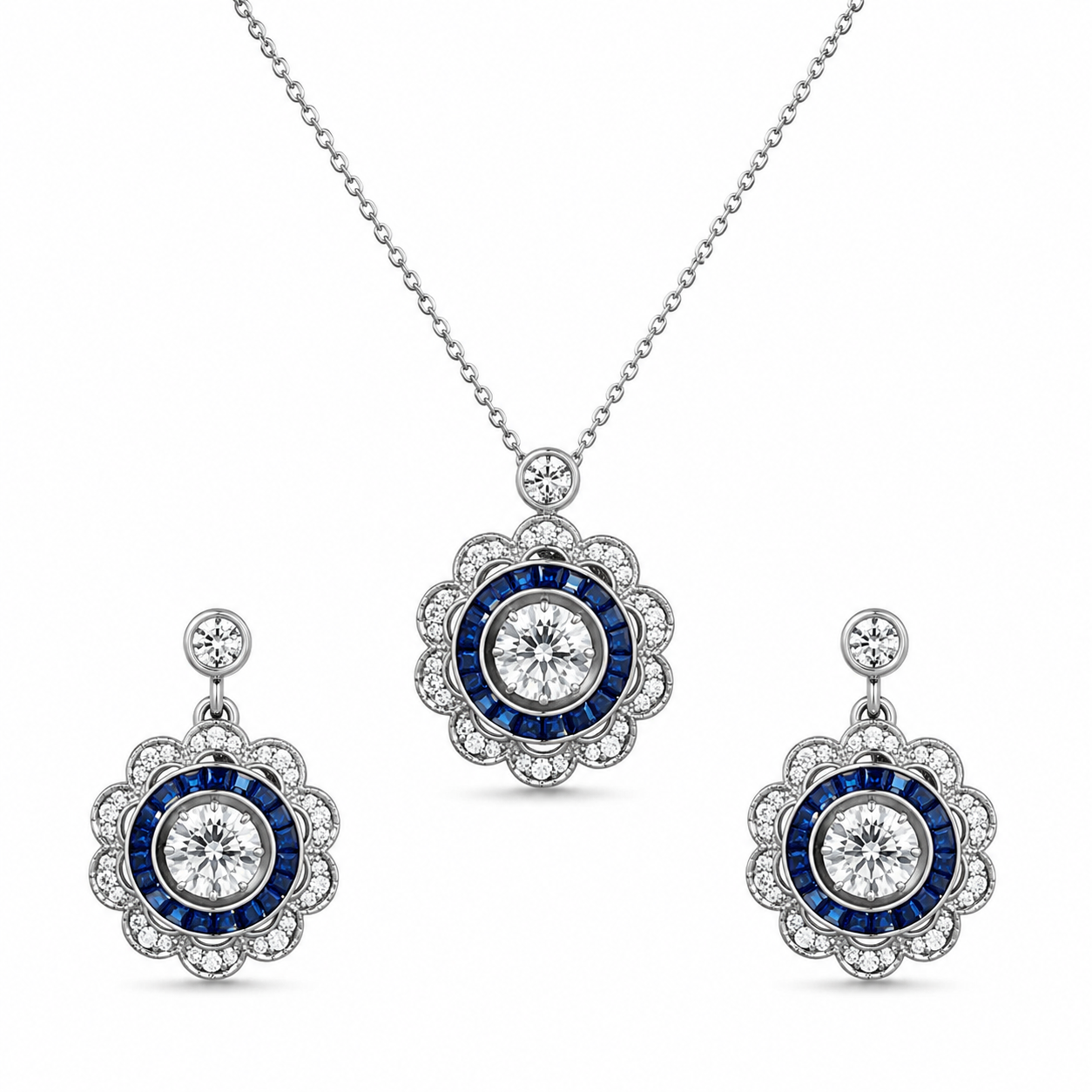 18K White Gold Diamond Sapphire Pendant Necklace Earrings Set