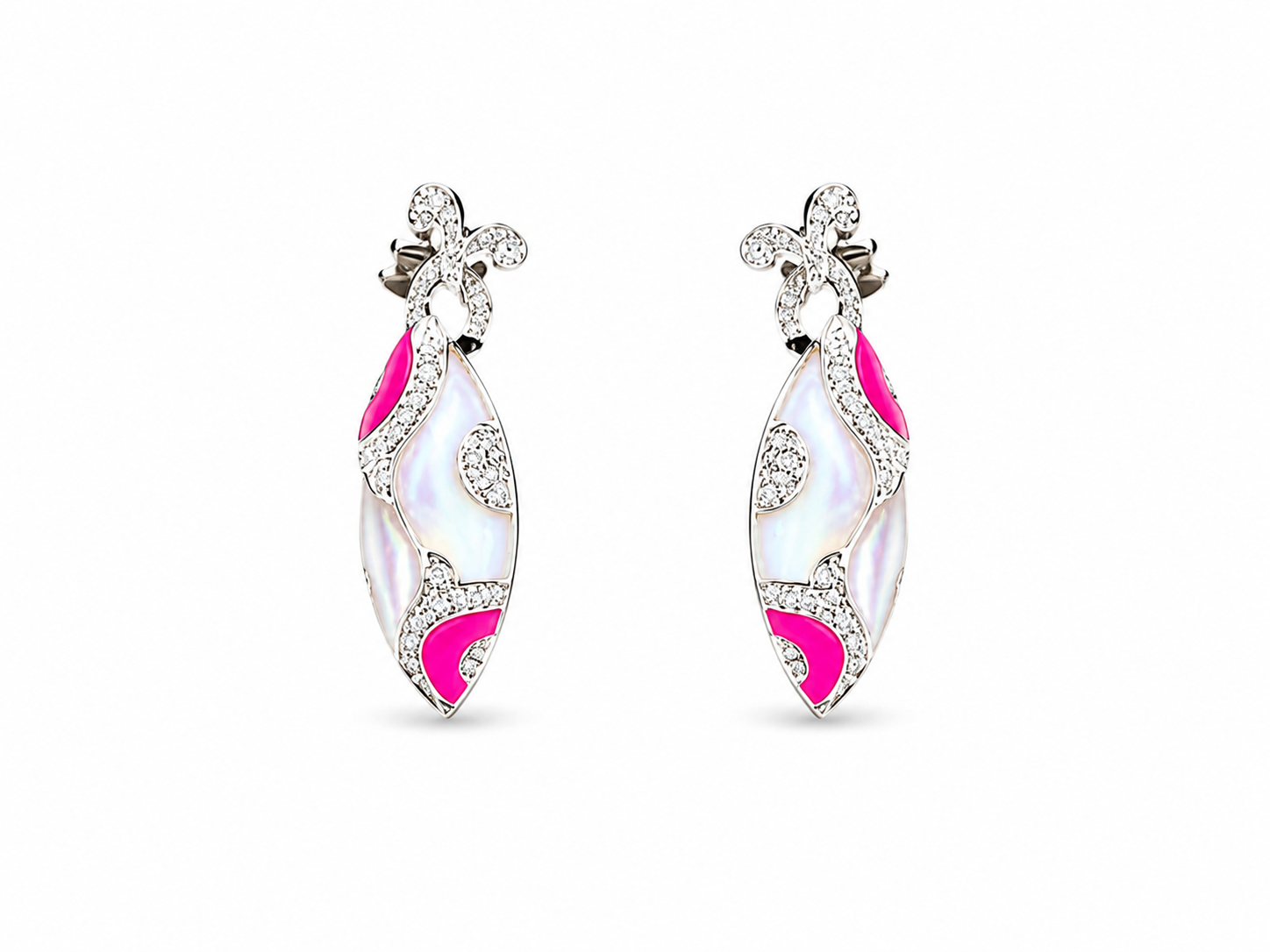 14K White Gold Diamond Pink Coral MOP Drop Earrings
