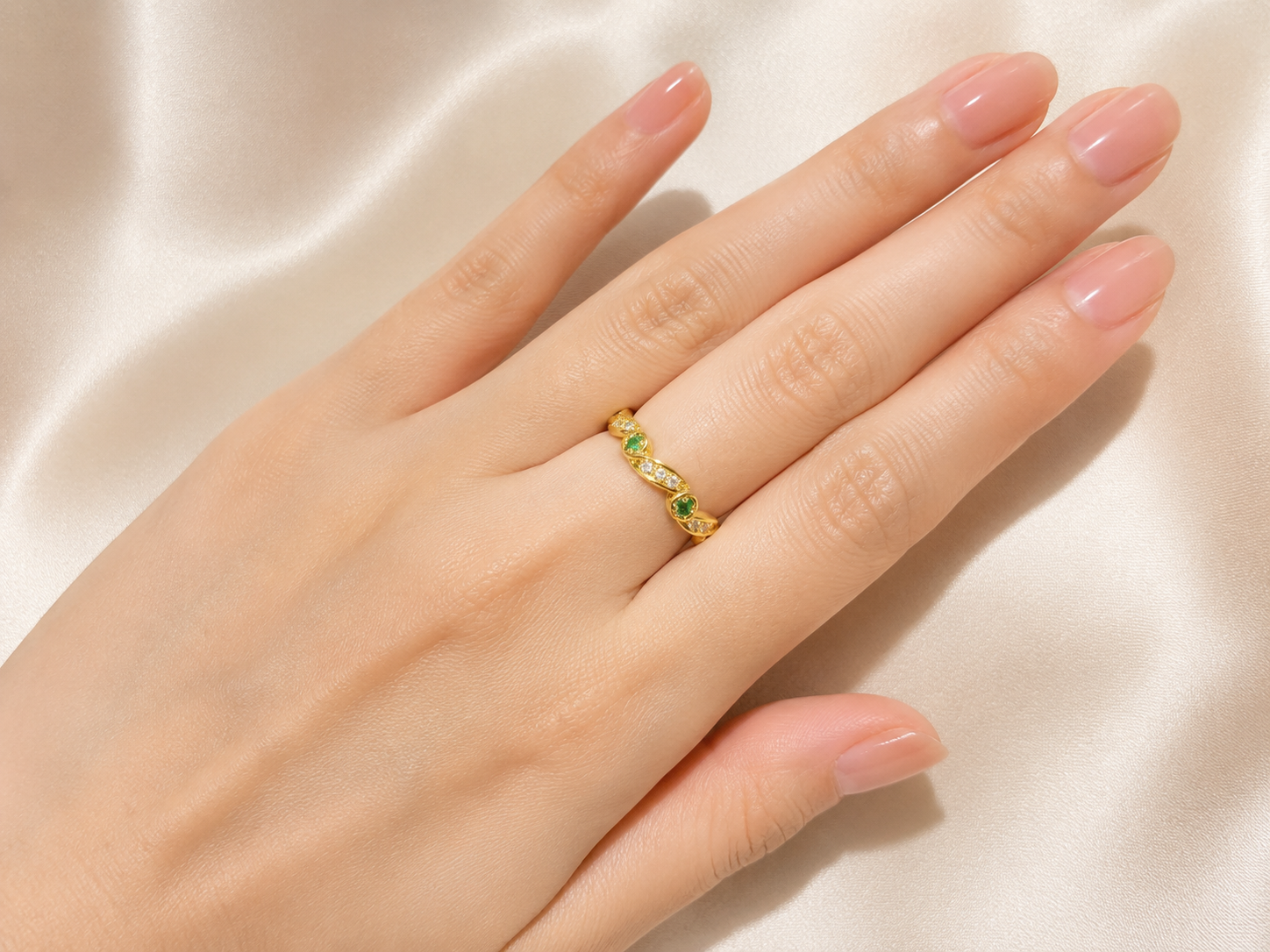 14K Yellow Gold Emerald Diamond Ring Eternity Band