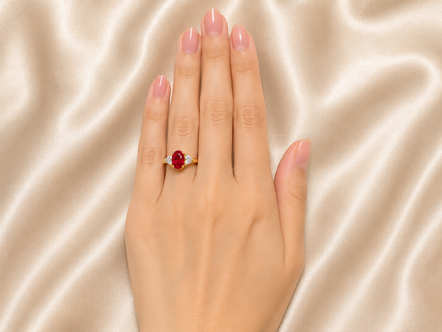 14K Yellow Gold Ruby Trillion Diamond Three Stone Ring Estate