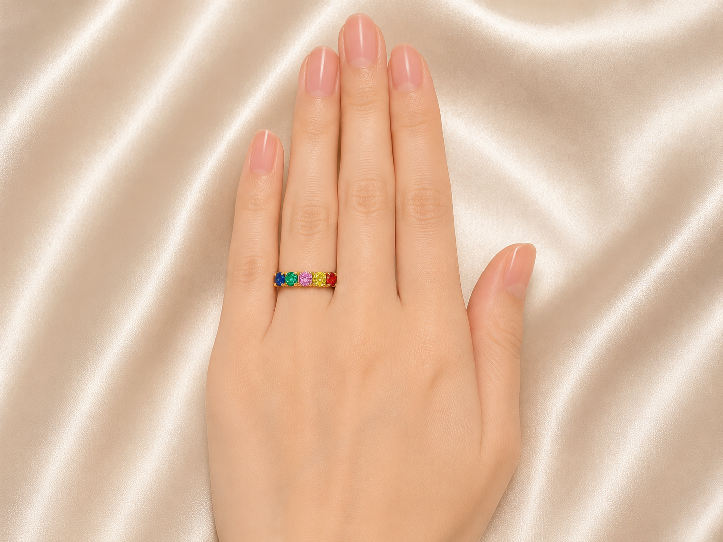 14K Yellow Gold Multi Color Sapphire Rainbow Band Ring