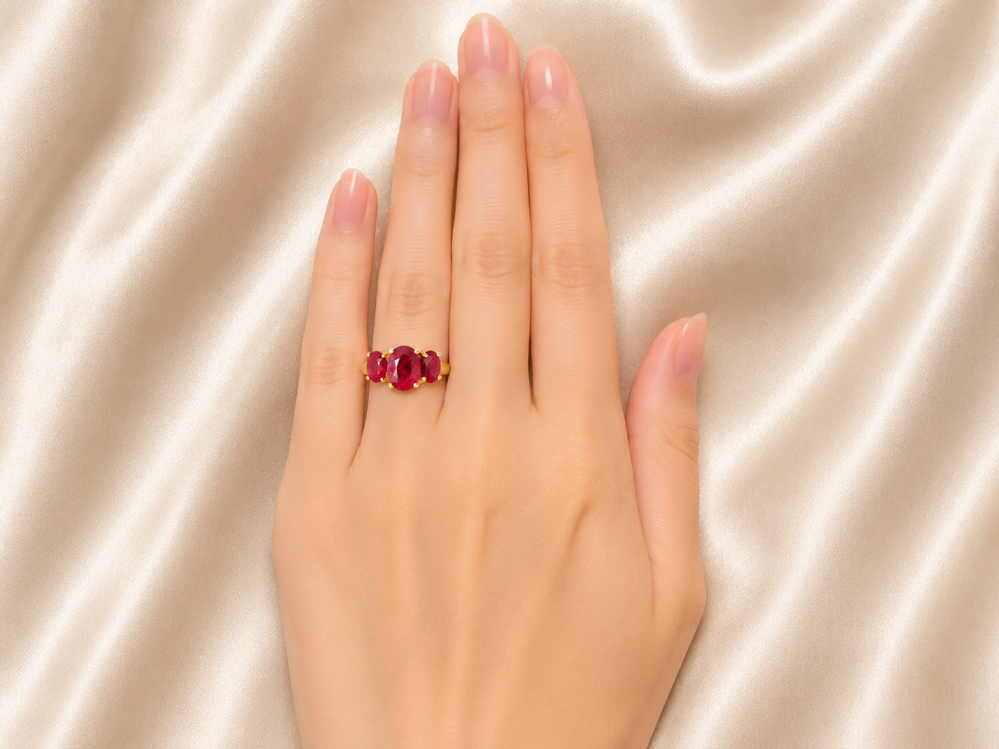 14K Yellow Gold Burma Ruby Filigree Three Stone Ring