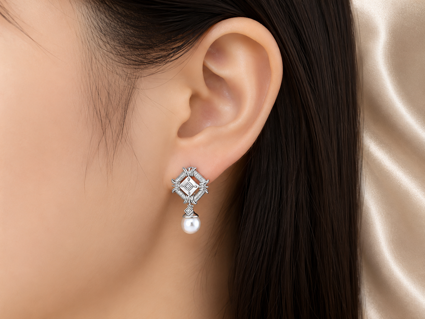 18K White Gold Diamond and Tahitian Pearl Crown Drop Earrings