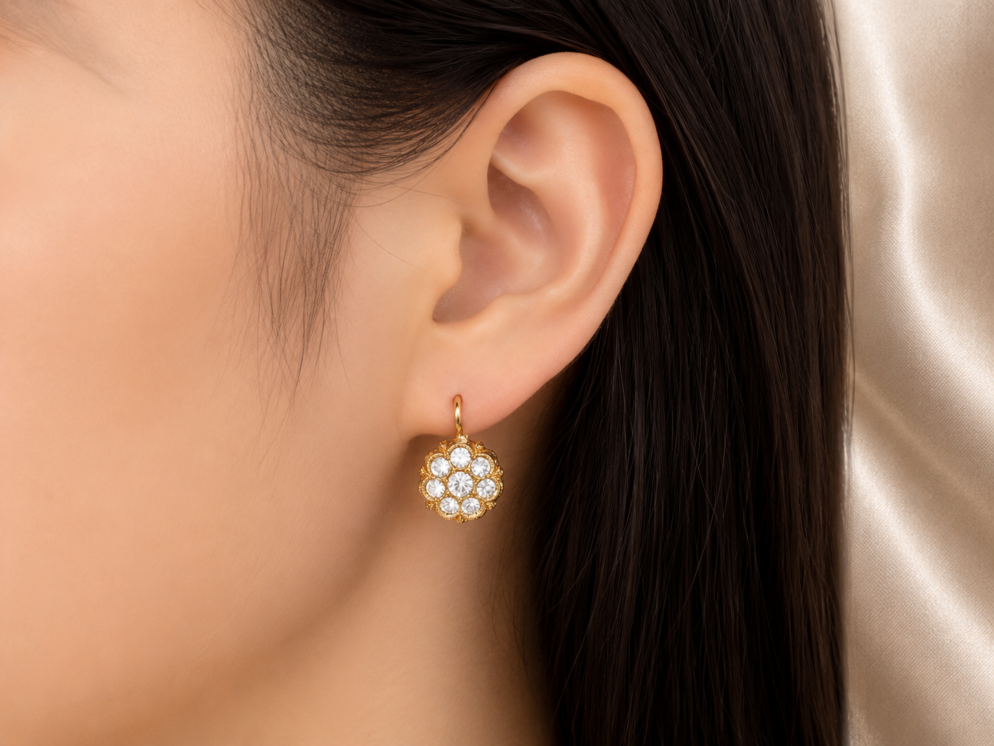 14K Yellow Gold Fianit Floral Leverback Earrings