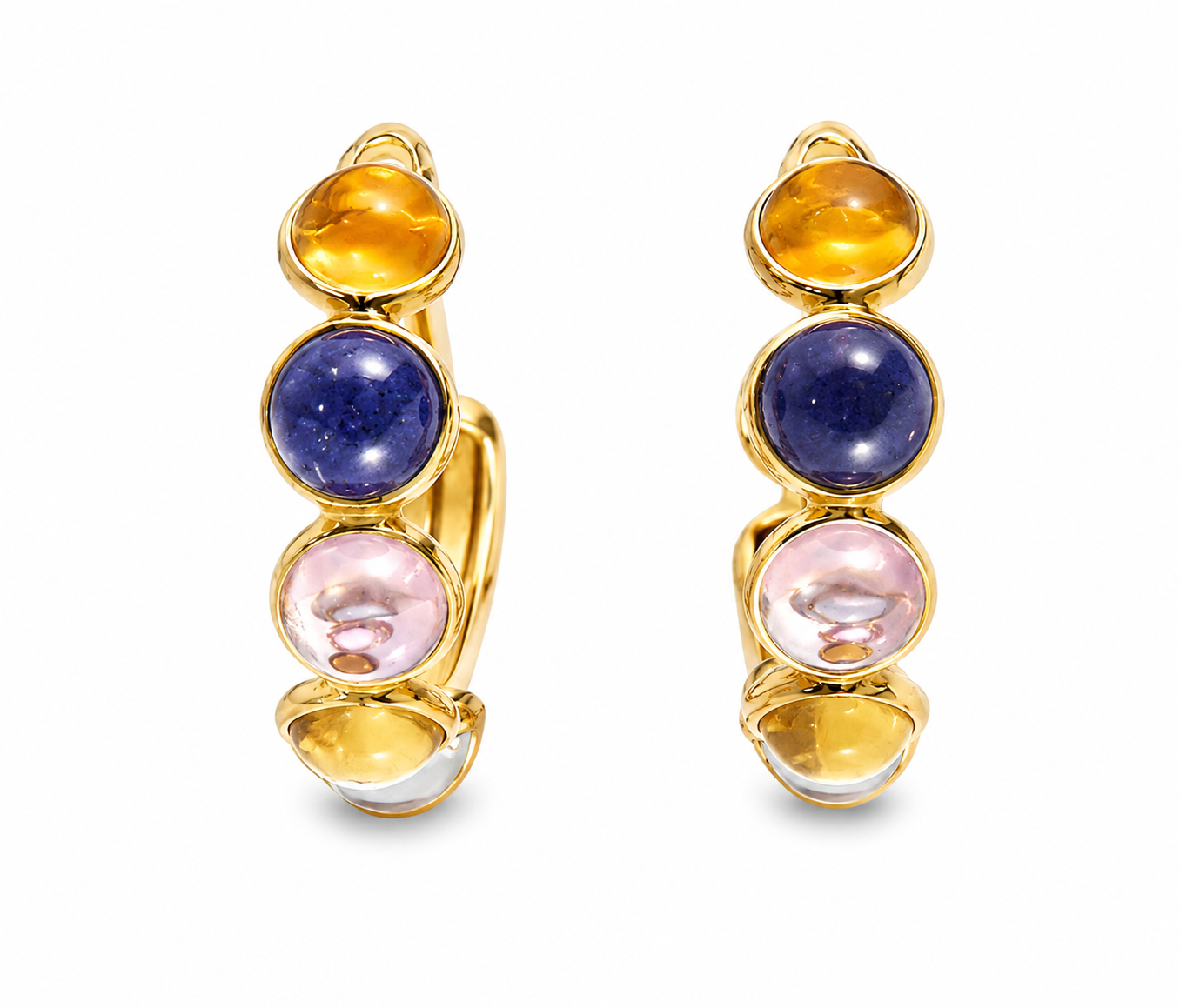 18K Yellow Gold Cabochon Citrine Topaz Rose Quartz Hoop Earrings Estate
