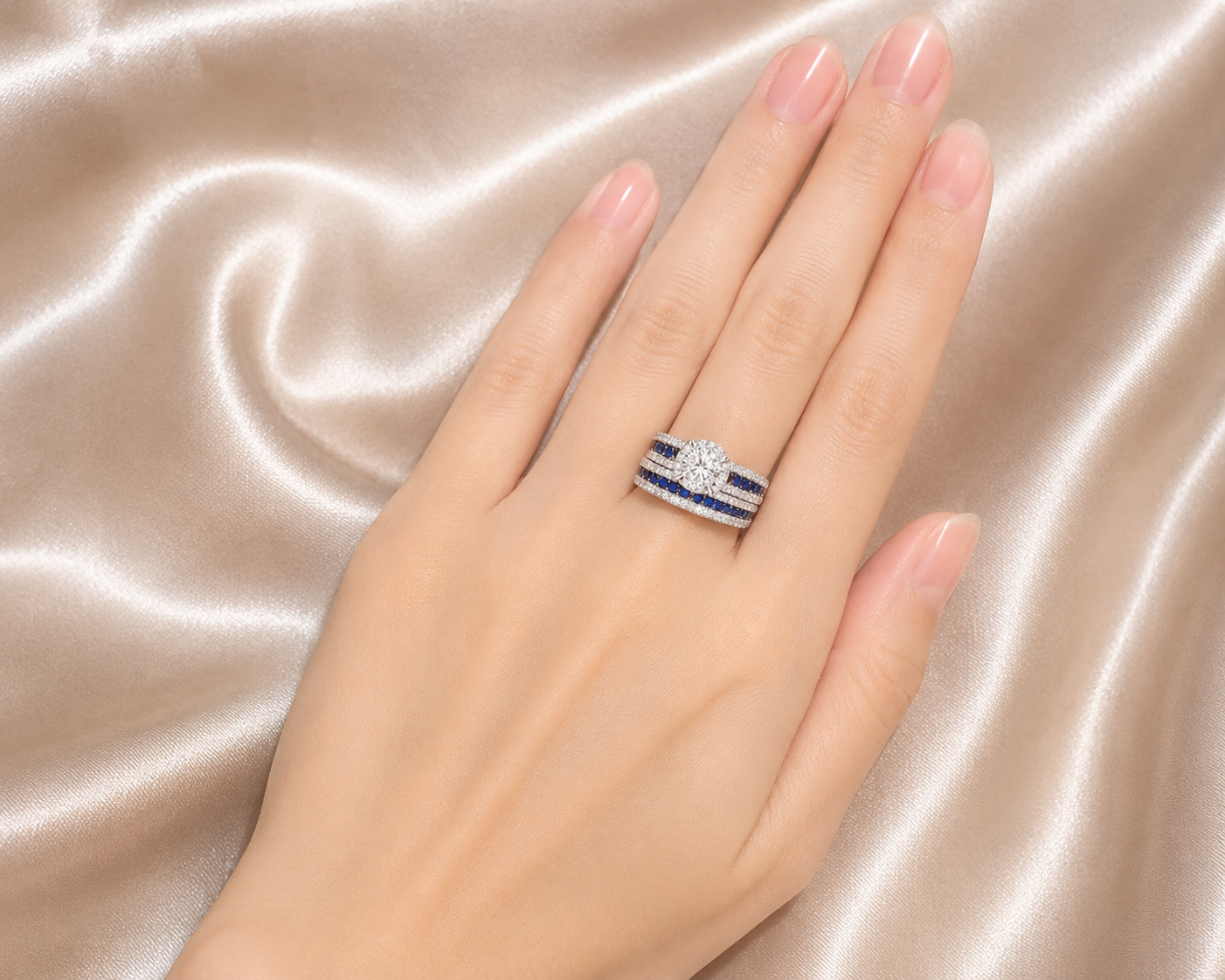 14K White Gold Sapphire and Diamond Engagement Ring Set