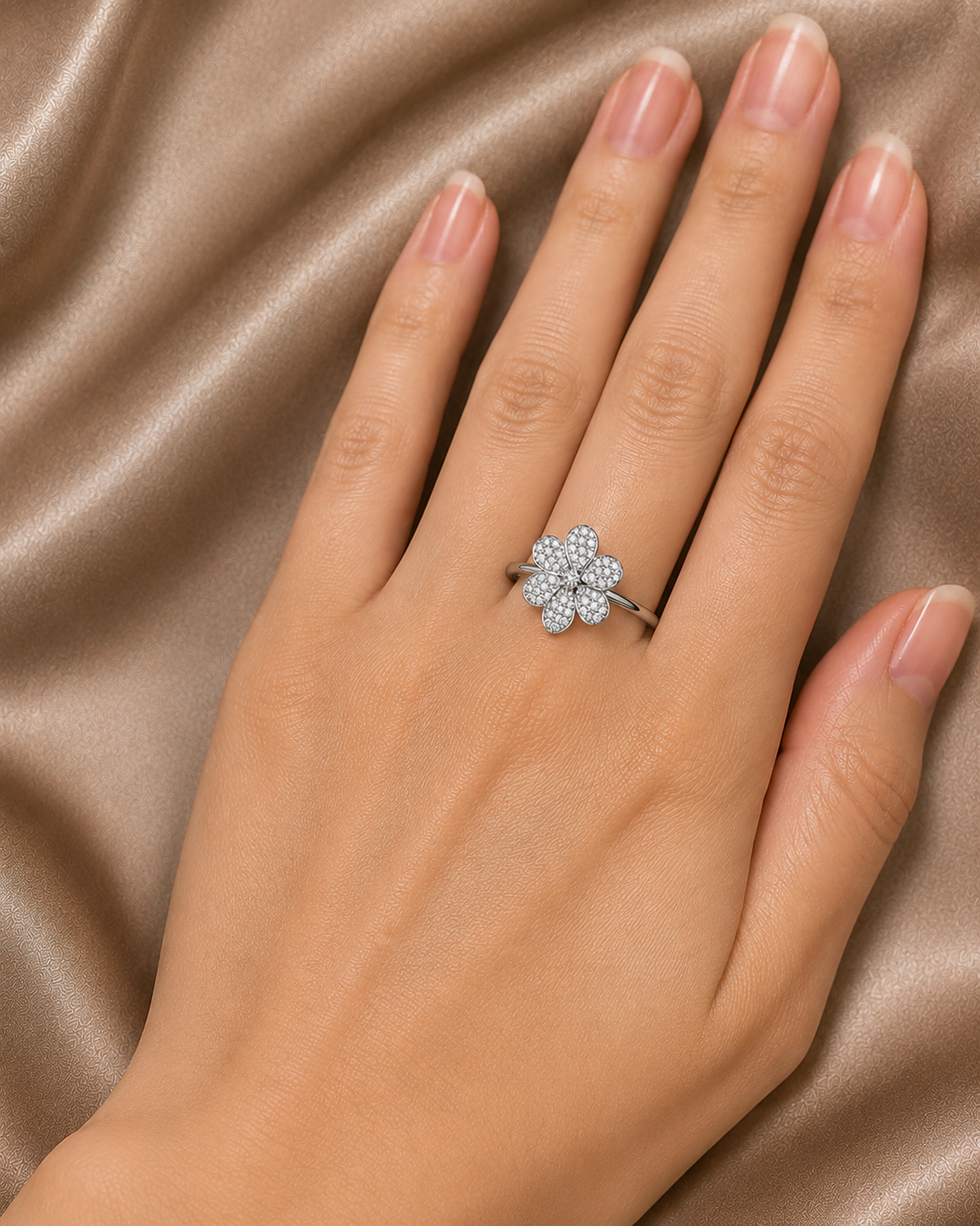 14K White Gold Pave Diamond Flower Ring