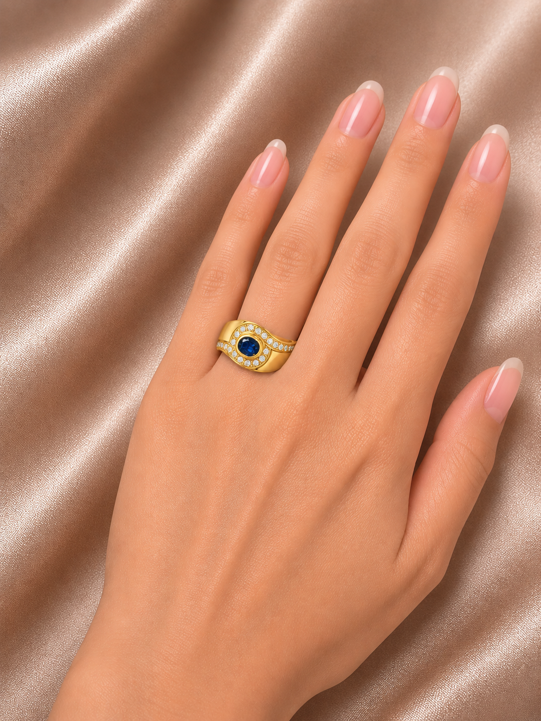 18K Yellow Gold Sapphire Diamond Mother of Pearl Ring Band