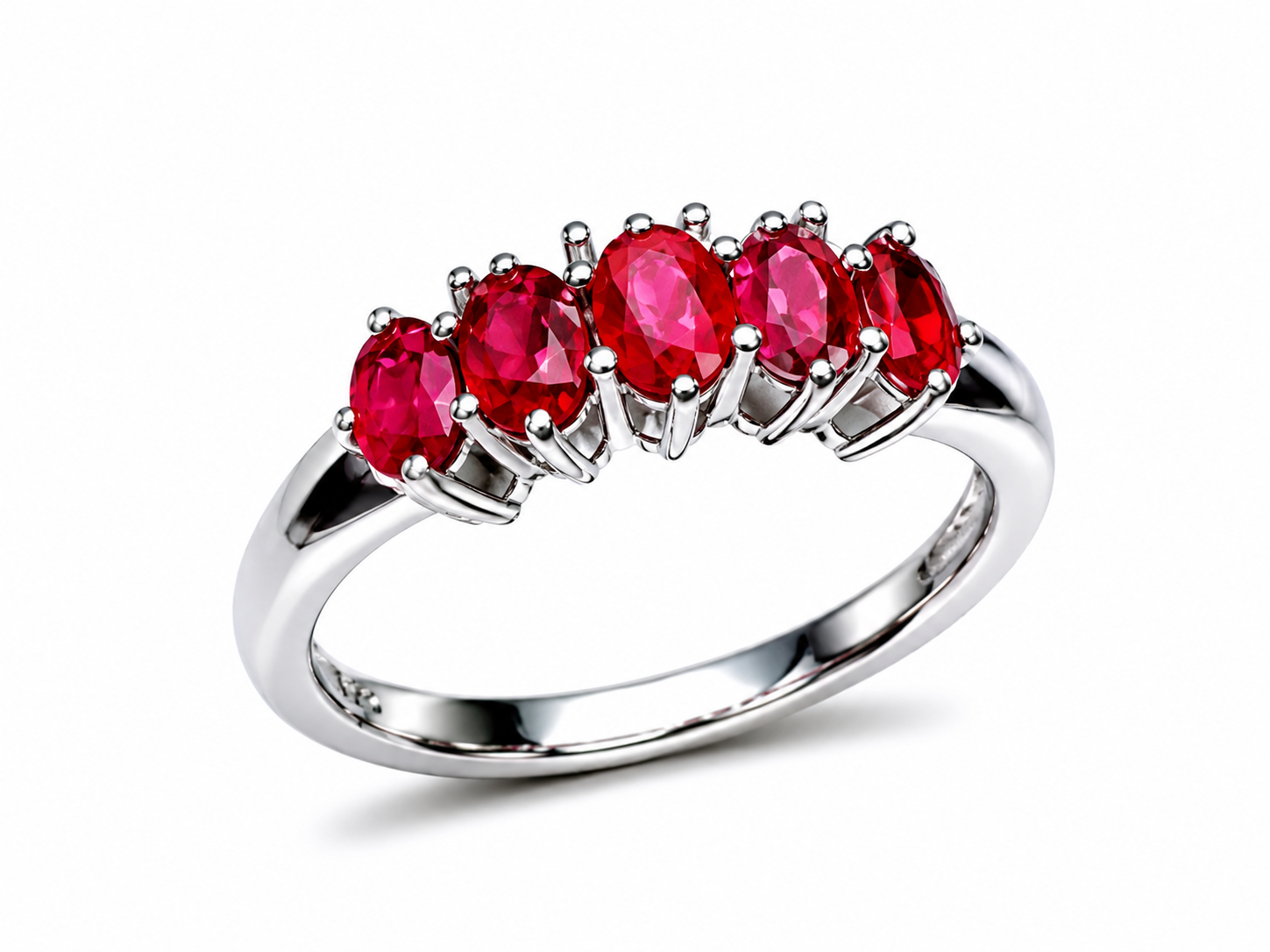 14K White Gold Ruby 5 Stone Diamond Band Estate Ring