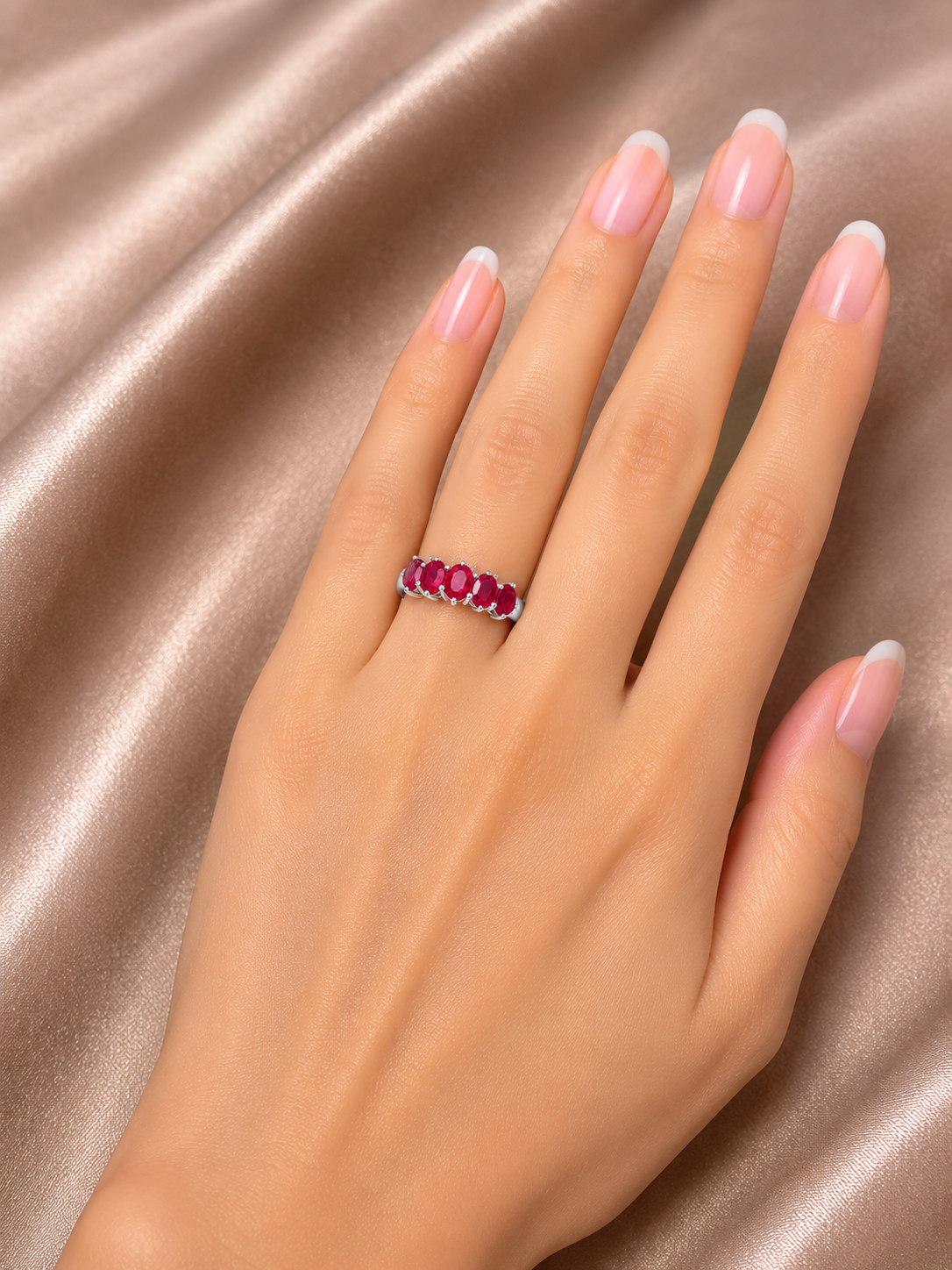 14K White Gold Ruby 5 Stone Diamond Band Estate Ring