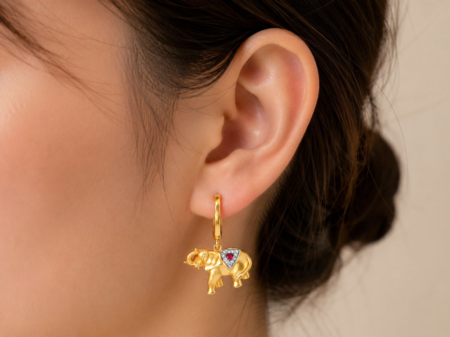 14K Yellow Gold Diamond Ruby Elephant Drop Earrings Estate