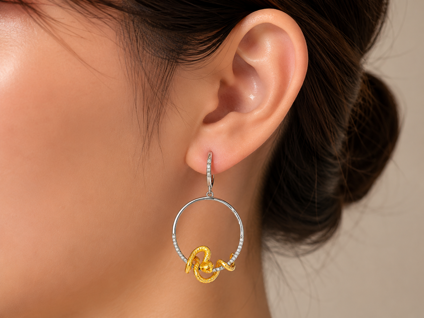 14K Two Tone Gold Diamond Snake Animal Loop Earrings Estate