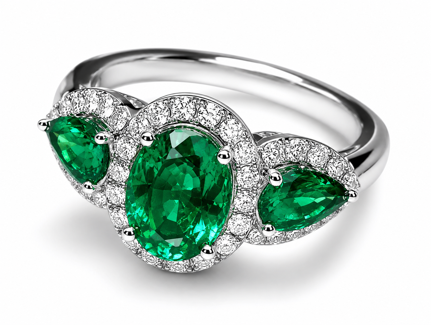 18K White Gold Emerald Diamond 3 Stone Anniversary Band Ring Estate