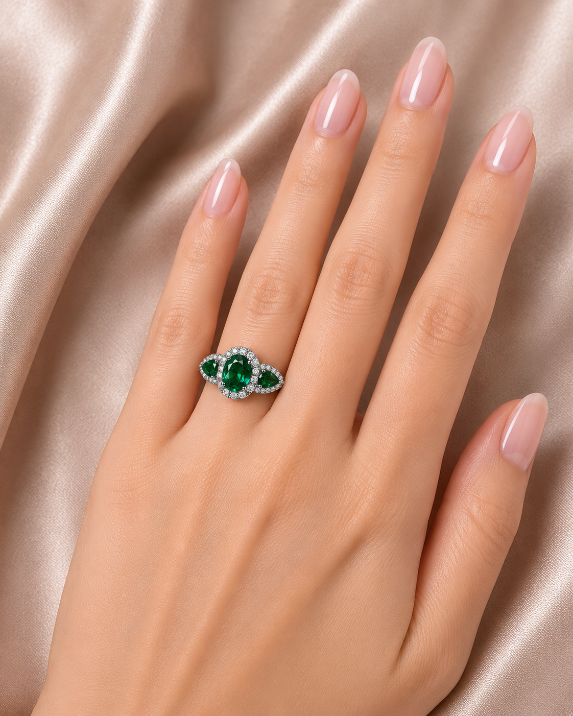 18K White Gold Emerald Diamond 3 Stone Anniversary Band Ring Estate