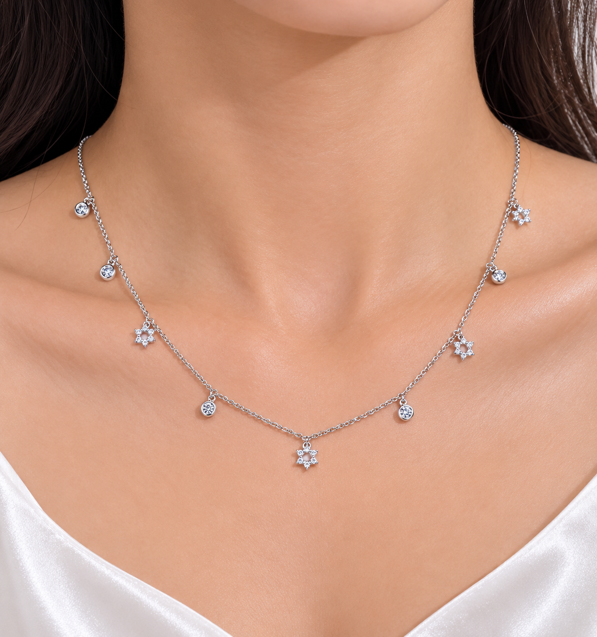 14K White Gold Diamond Star of David Station Necklace Estate