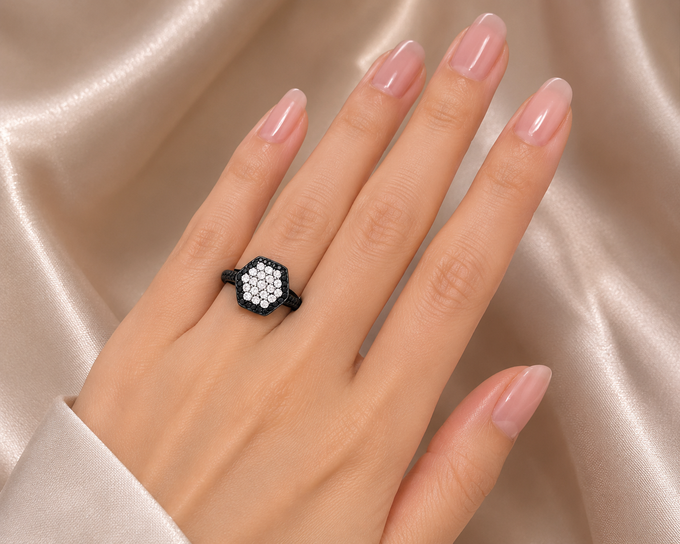 18K White Gold Black Diamond Hexagon Band Ring