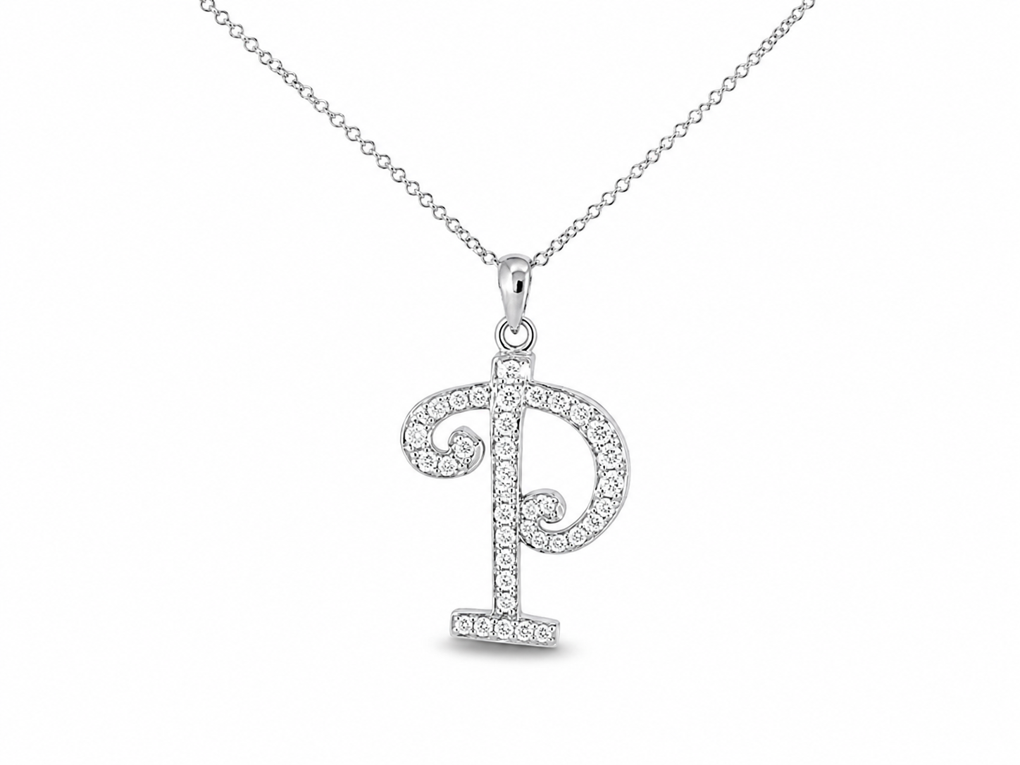 18K White Gold Diamond "P" Initial Pendant Slide Necklace Estate