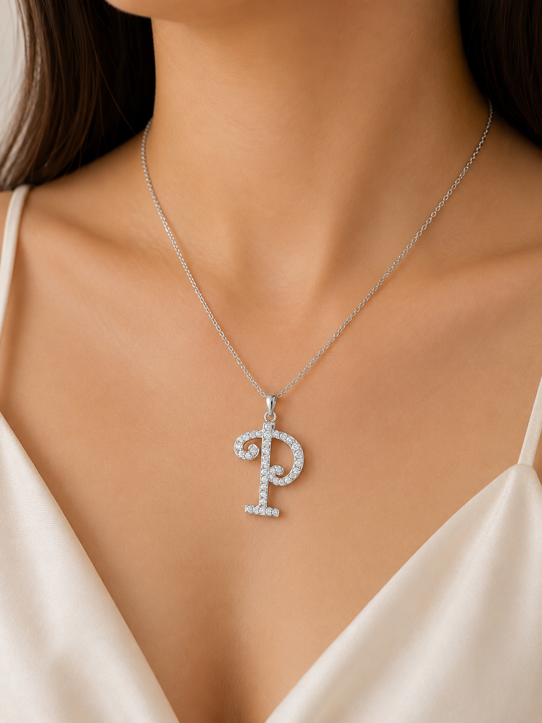 18K White Gold Diamond "P" Initial Pendant Slide Necklace Estate