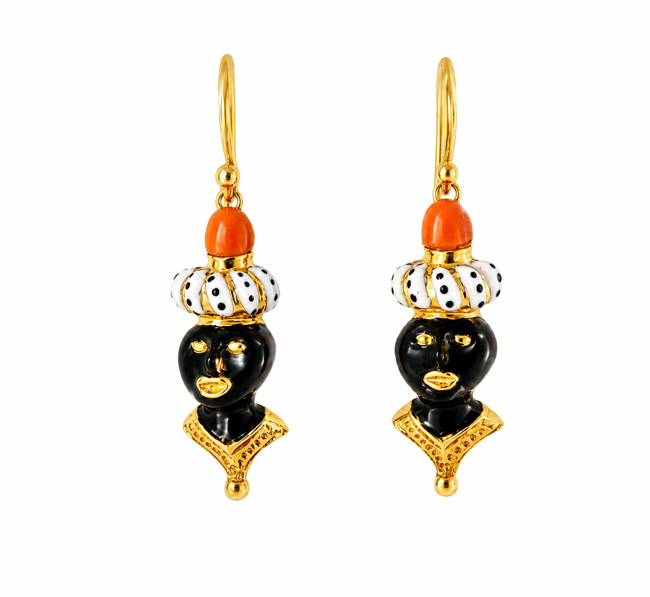 18K Gold Enamel Black Coral Amour Americana Drop Estate Earrings