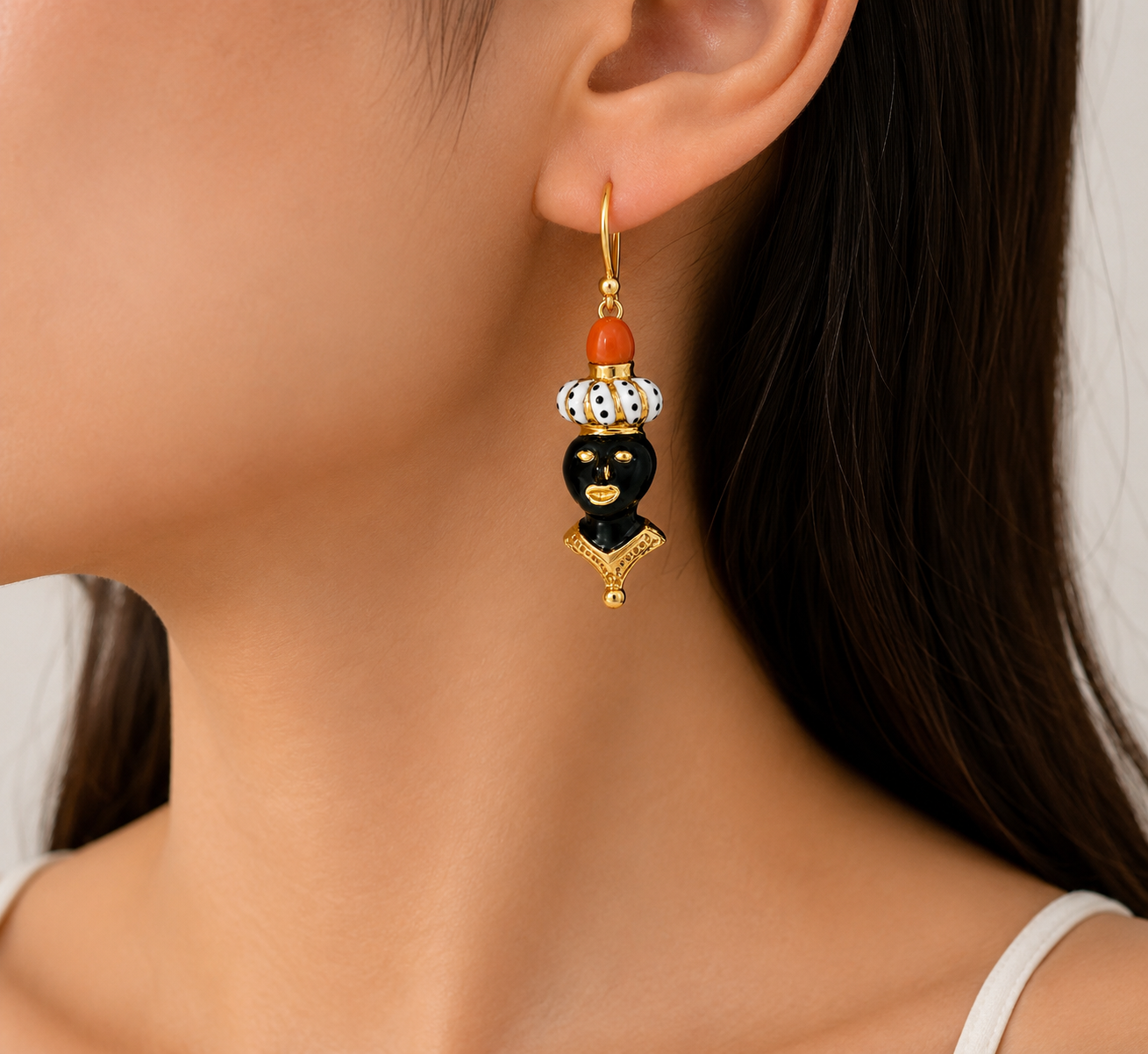 18K Gold Enamel Black Coral Amour Americana Drop Estate Earrings