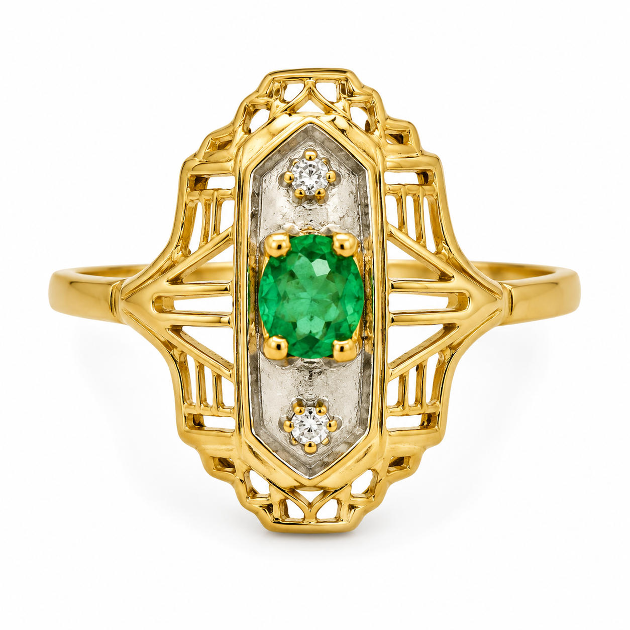 14K Yellow Gold Emerald Diamond Filigree Antique Ring Estate