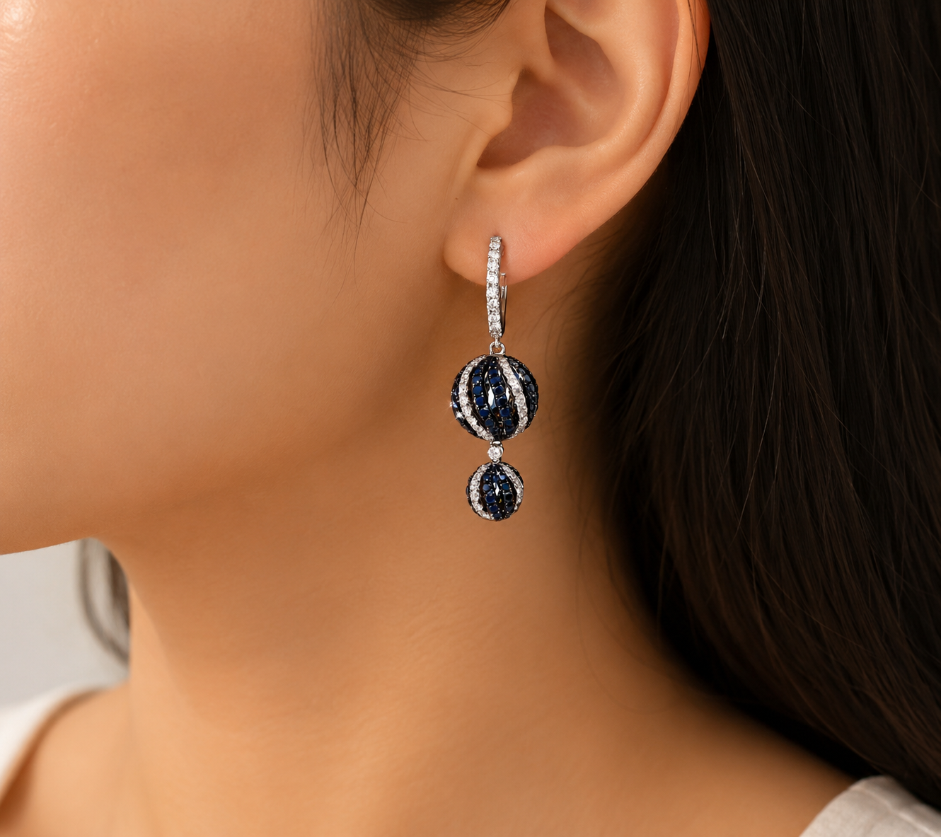 18K White Gold Black Diamond Hoop Drop Sphere Ball Earrings Estate