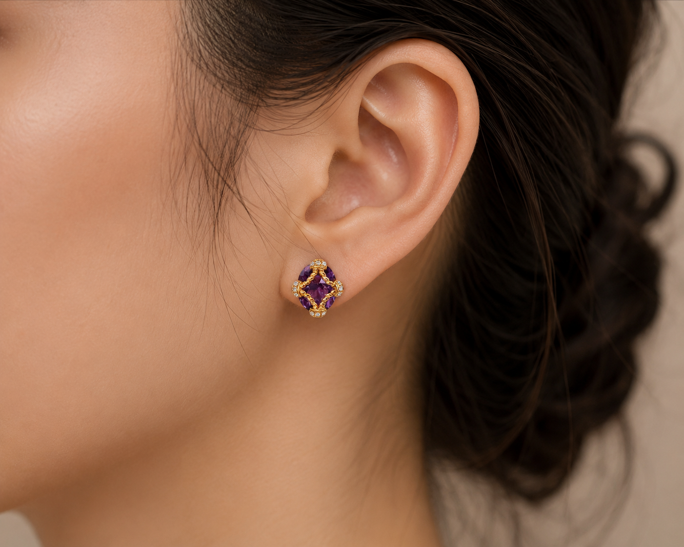 14K Rose Gold Amethyst Diamond Stud Earrings Estate by EFFY