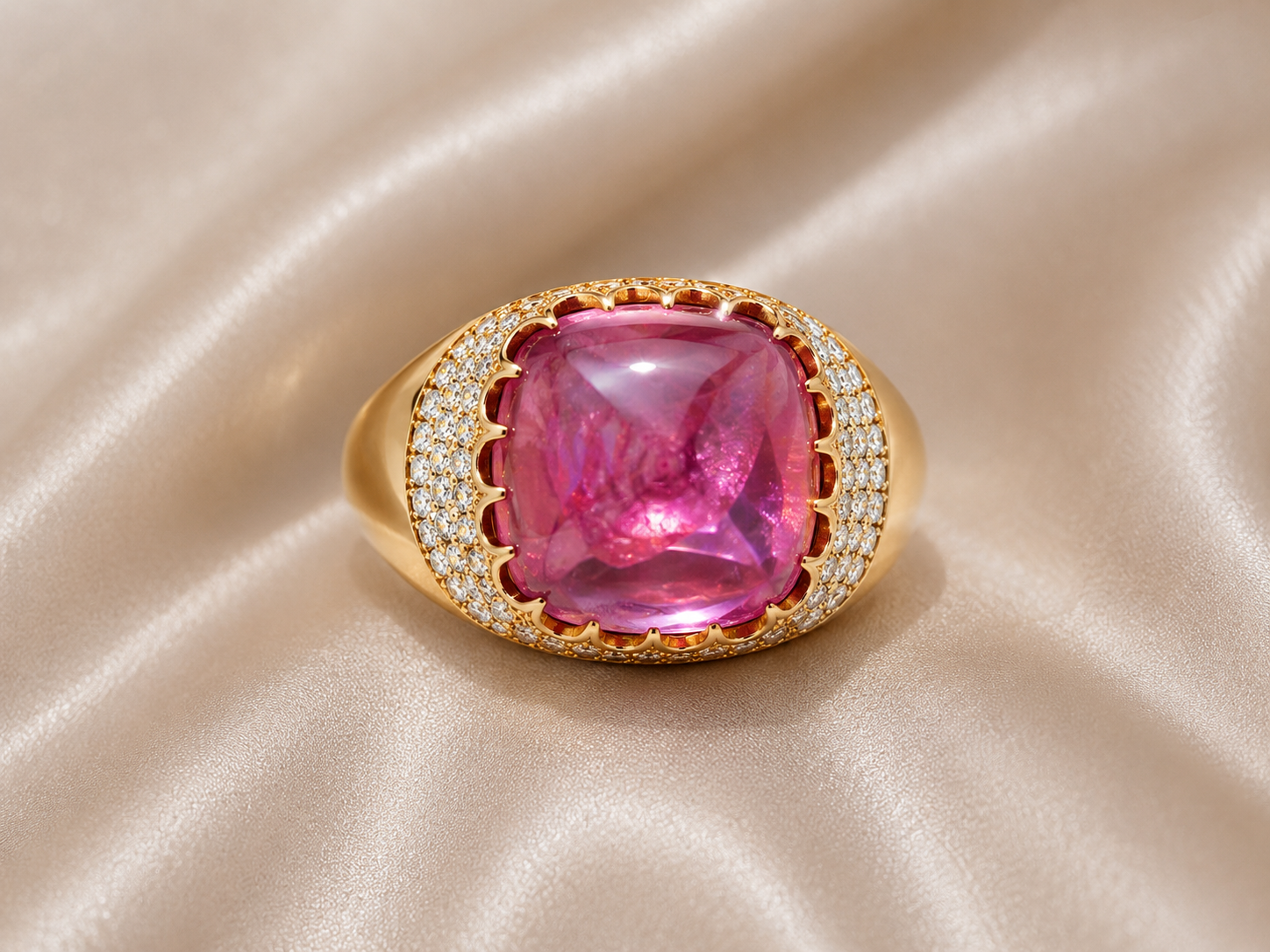 14K Pink Rose Gold Cabochon Amethyst Diamond Designer Ring Band