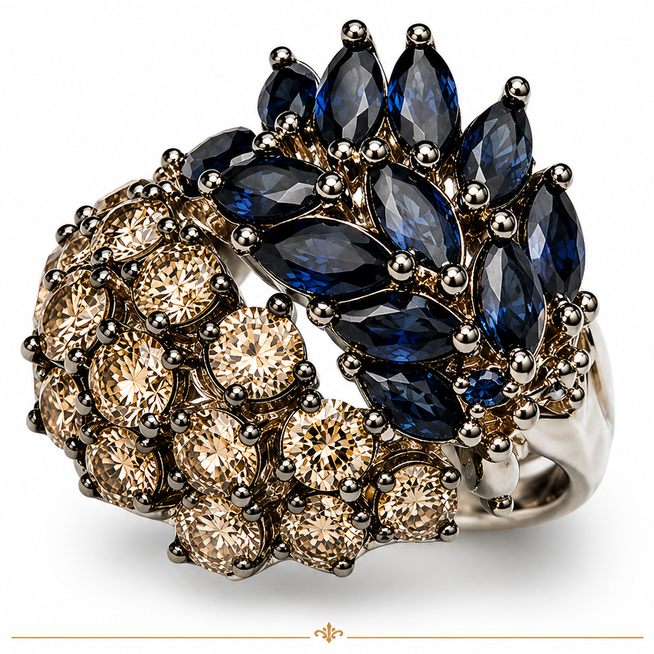 18K White & Blackened Gold Designer Champagne Diamond Sapphire Wide Band Ring