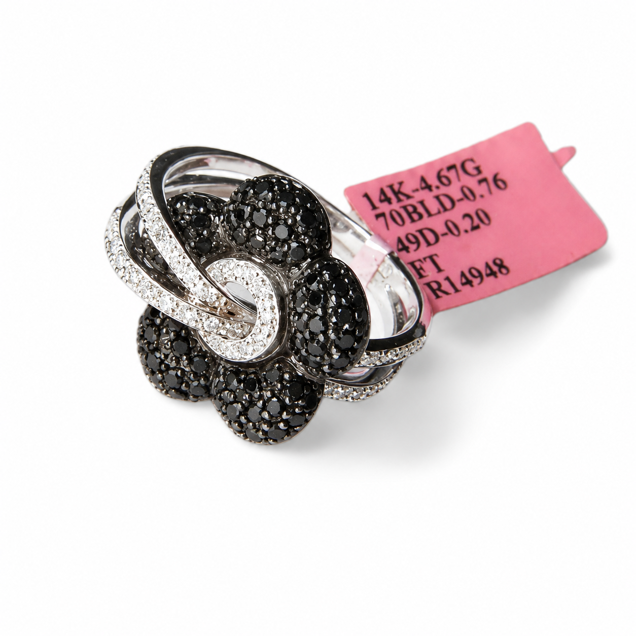 14K White Gold Estate Black & White Diamond Flower Floral Thru Ring