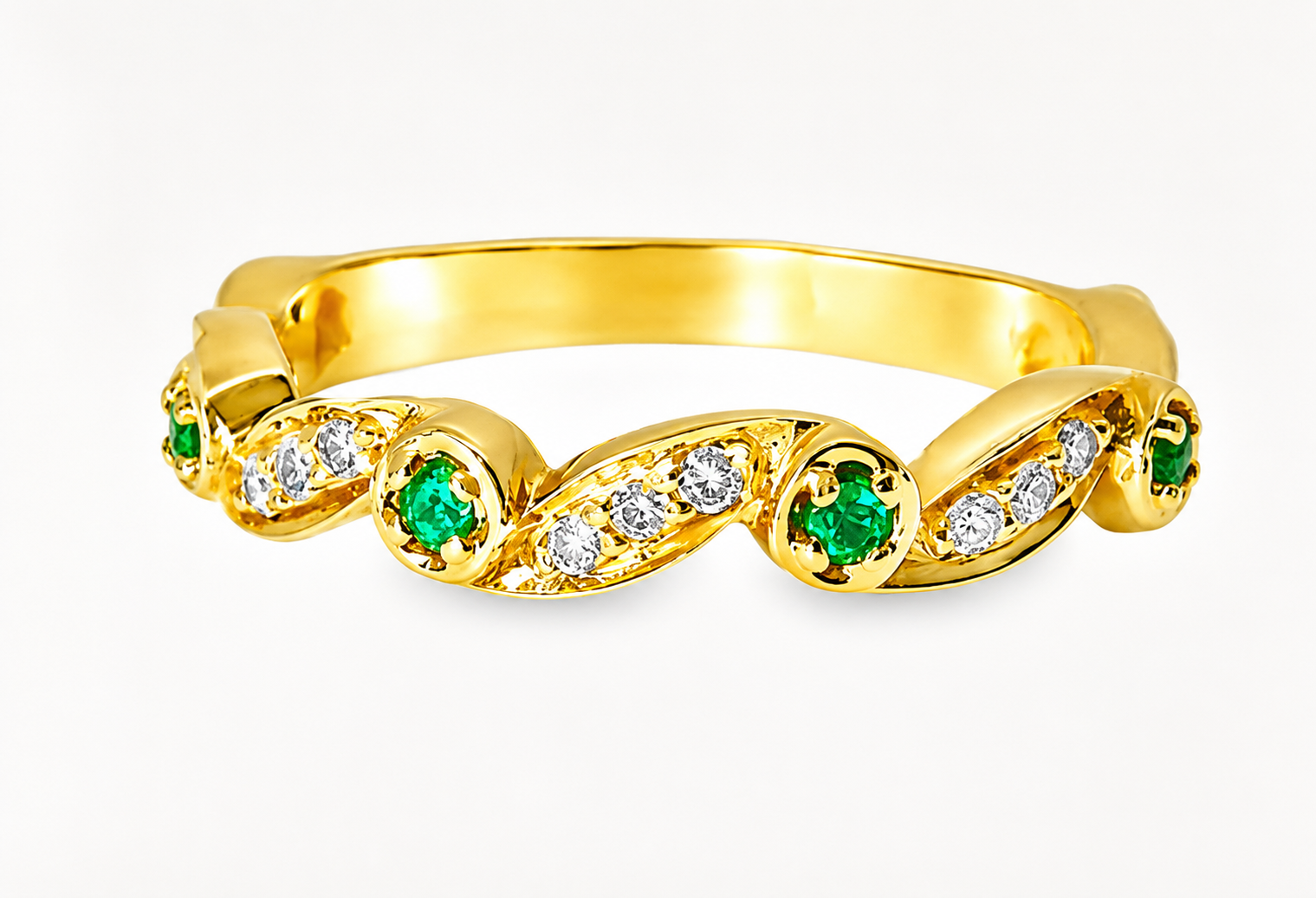 14K Yellow Gold Emerald Diamond Ring Eternity Band