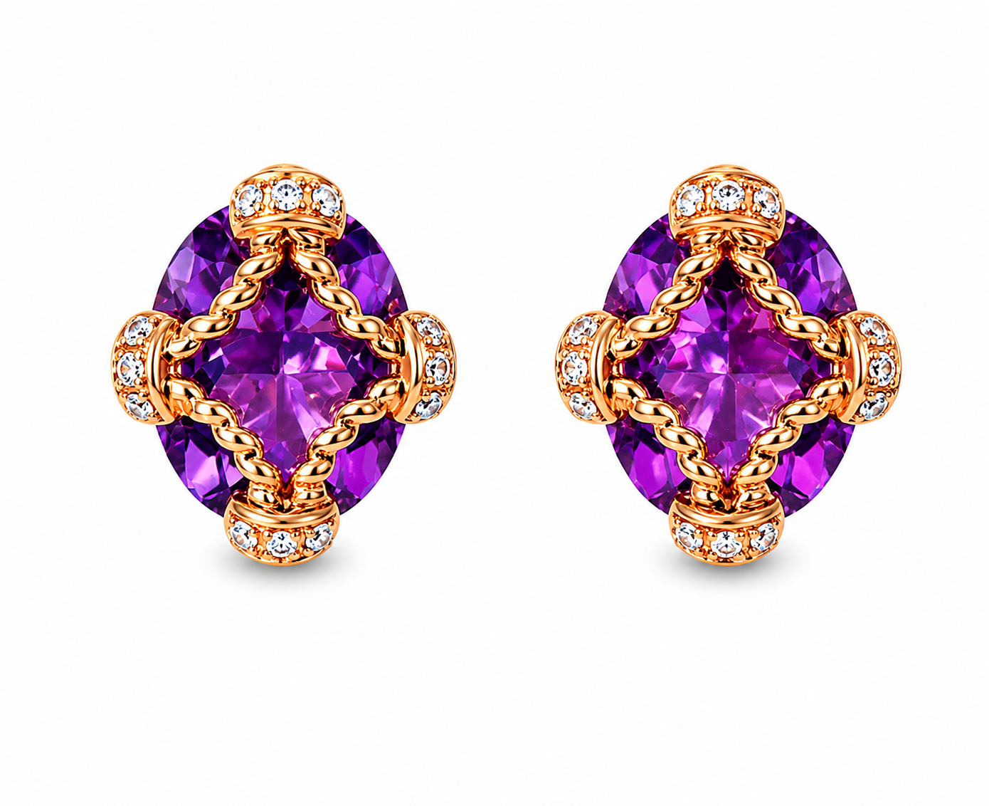 14K Rose Gold Amethyst Diamond Stud Earrings Estate by EFFY