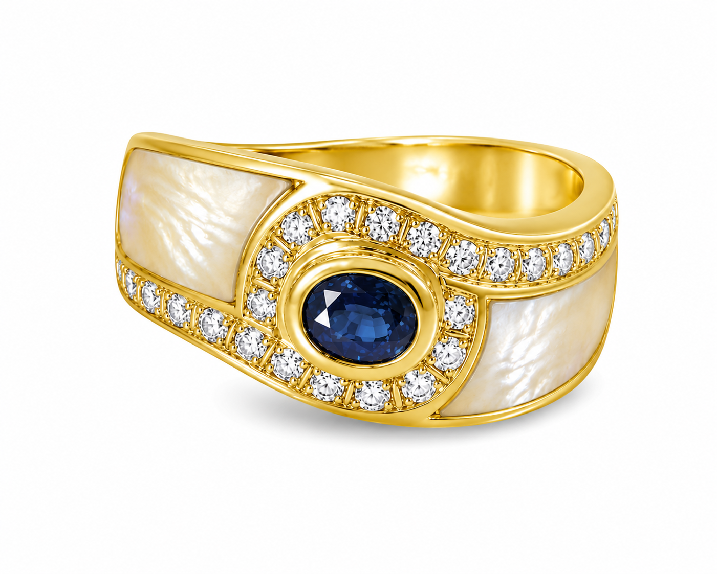 18K Yellow Gold Sapphire Diamond Mother of Pearl Ring Band