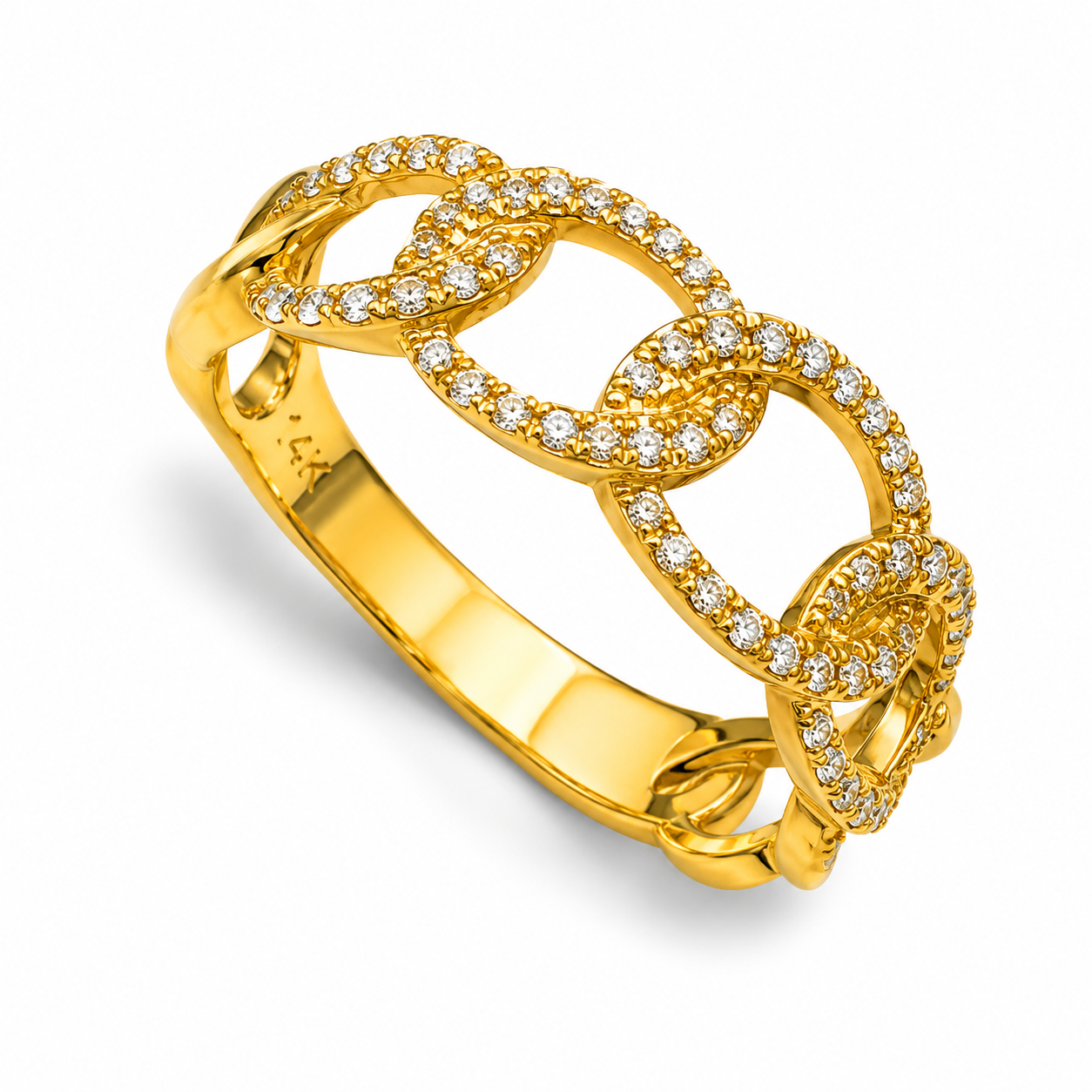 14K Yellow Gold Diamond Swirl Cuban Chain Link Band Ring