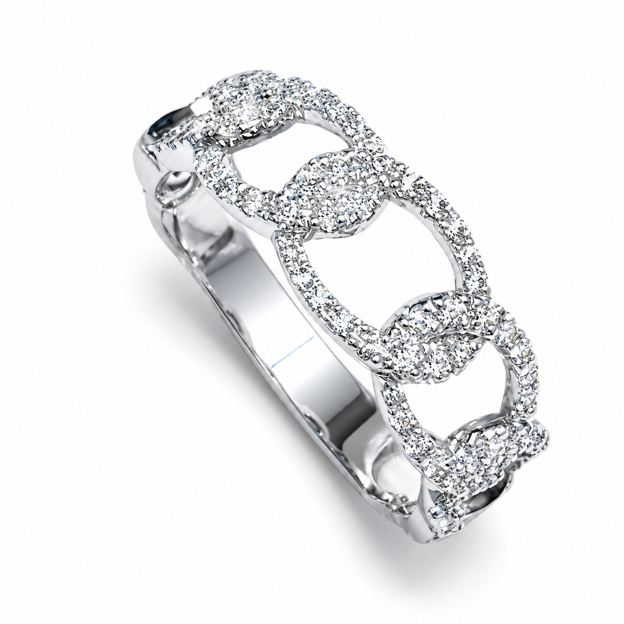 14K White Gold Diamond Swirl Cuban Chain Link Band Ring