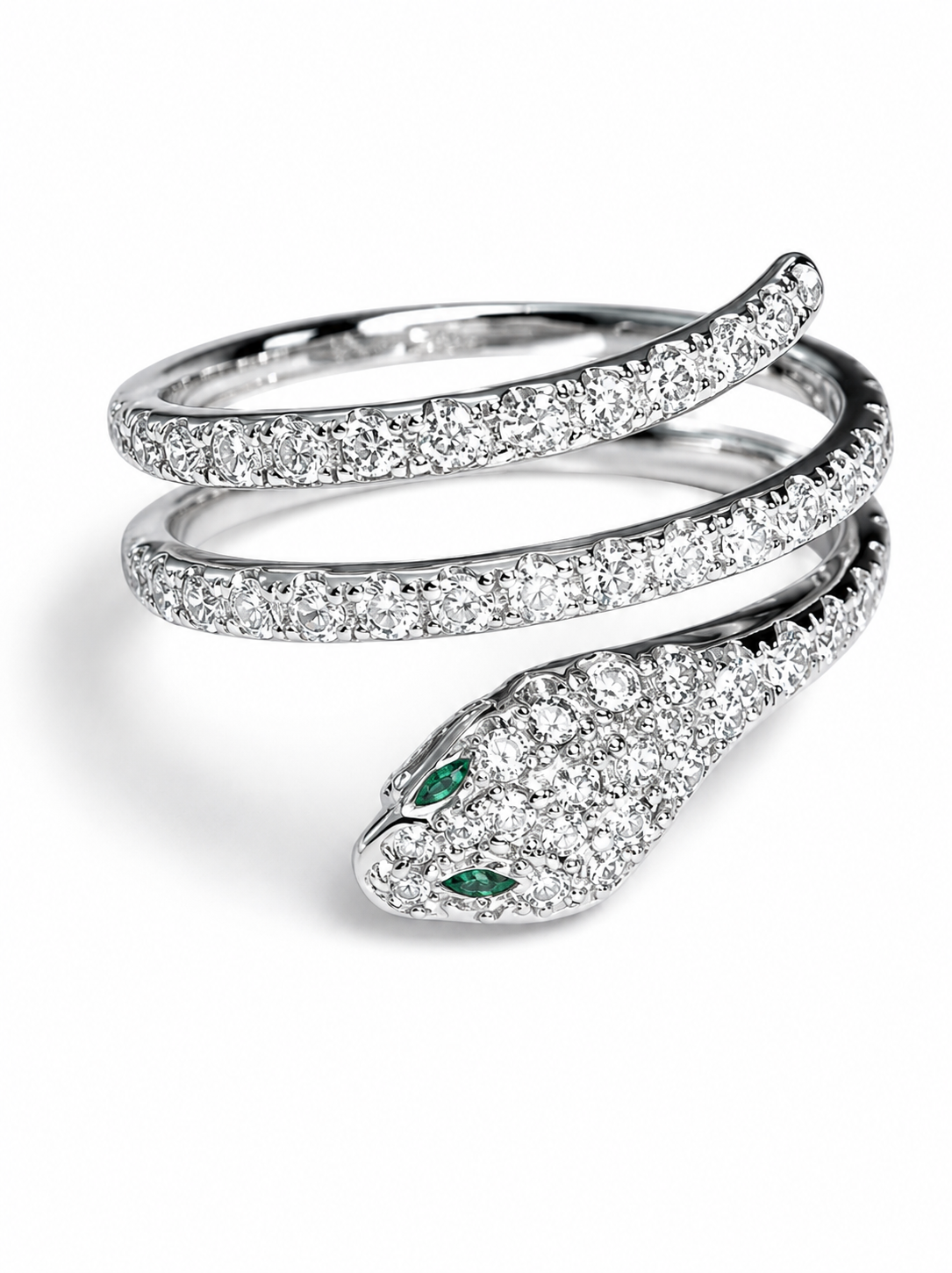 14K White Gold Diamond Snake Swirl Band Ring Emerald Eyes