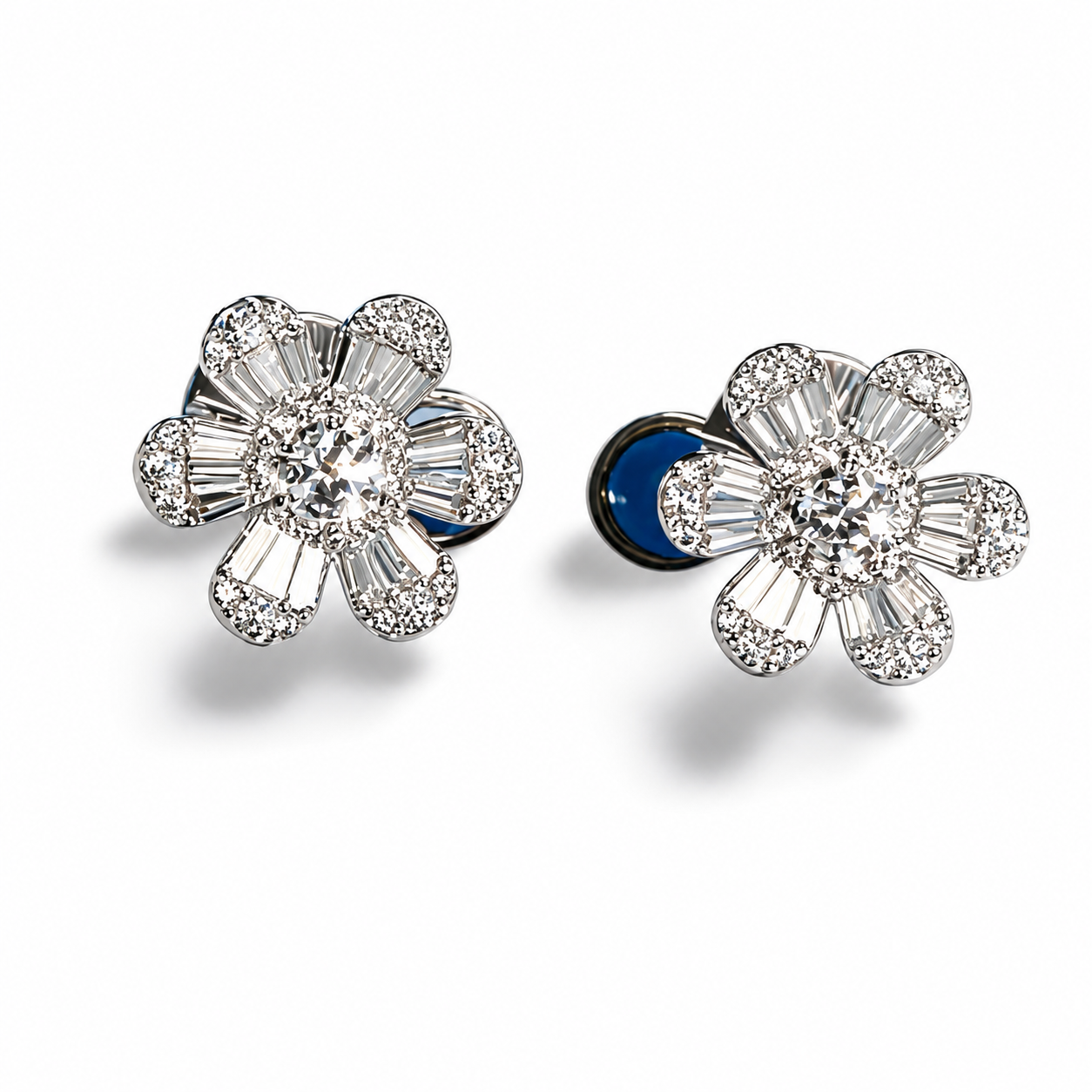 18K White Gold Baguette Diamond Floral Flower Stud Earrings Estate