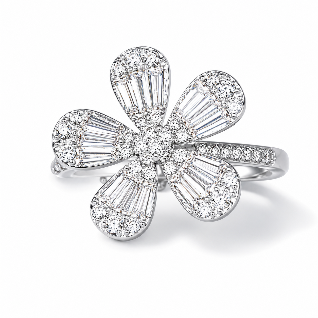 18K White Gold Baguette Diamond Floral 5 Petal Ring Estate