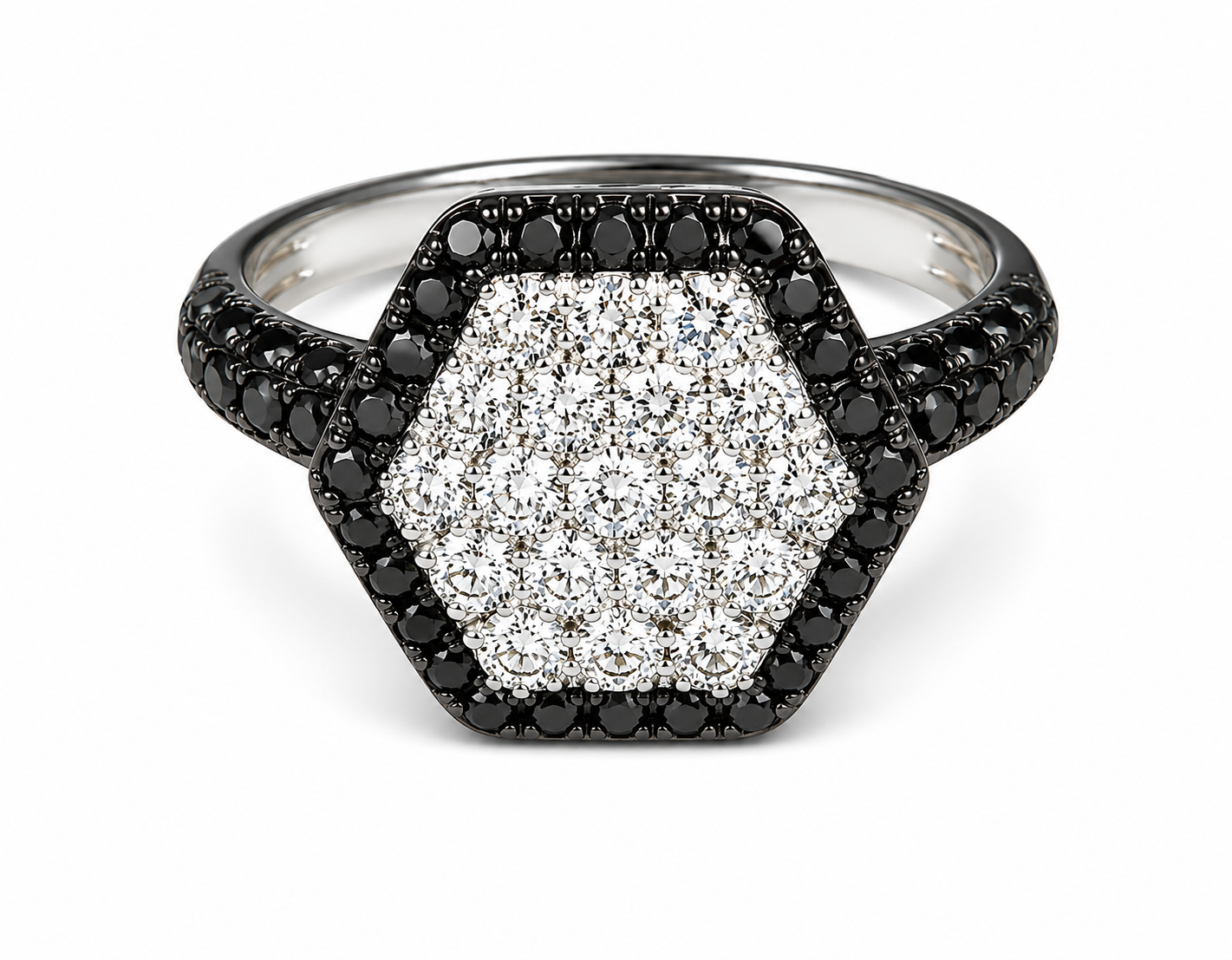 18K White Gold Black Diamond Hexagon Band Ring