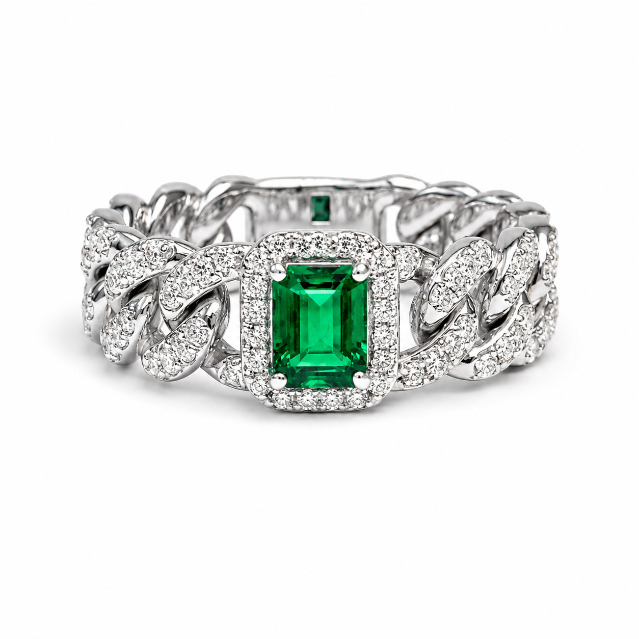 18K White Gold Diamond Emerald Cuban Chain Link Band Ring