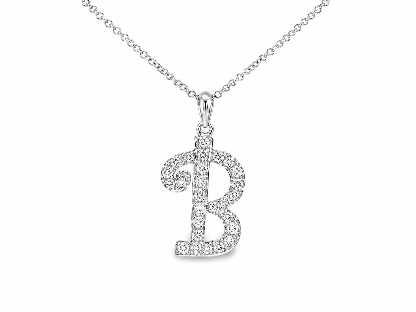 18K White Gold Diamond B Initial Pendant Slide Necklace Estate